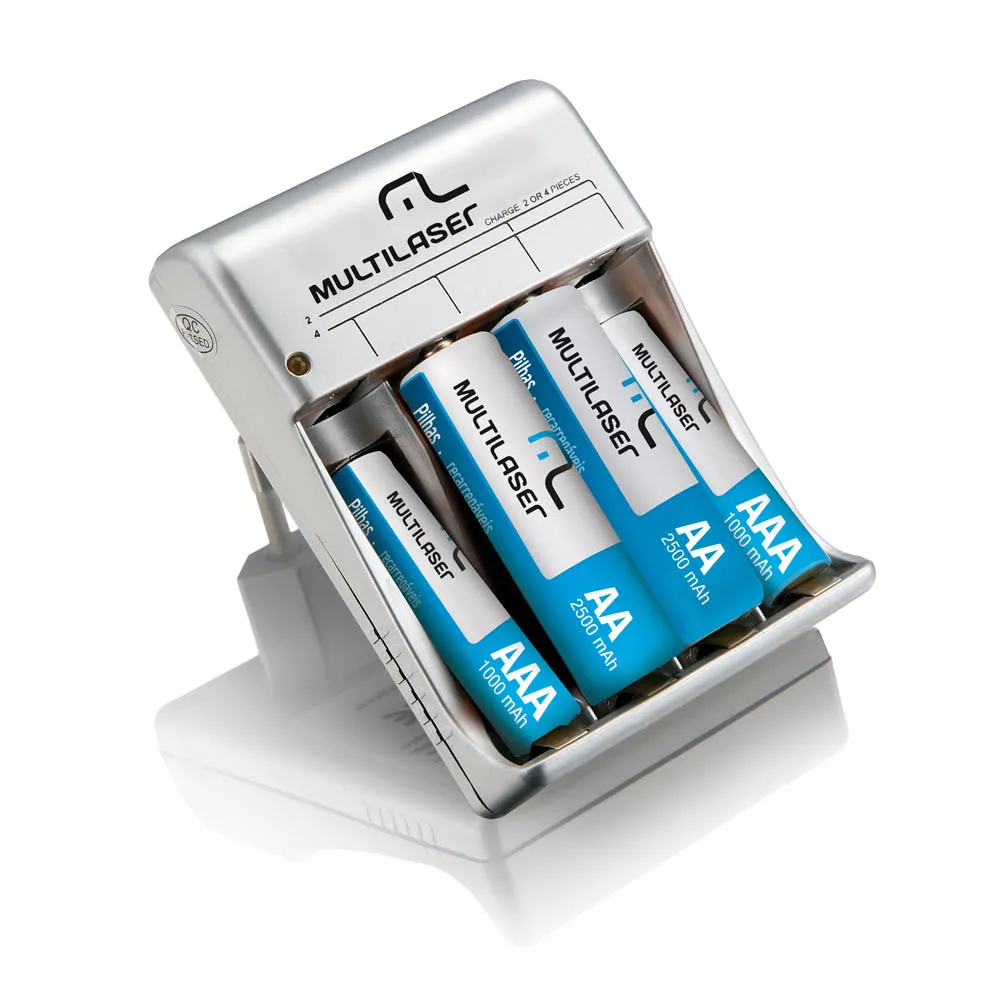 Carregador de Pilhas AA/AAA + 2 Pilhas AA 2500mAH + 2 Pilhas AAA 1000mAH - Multilaser - CB045 - Unitário
