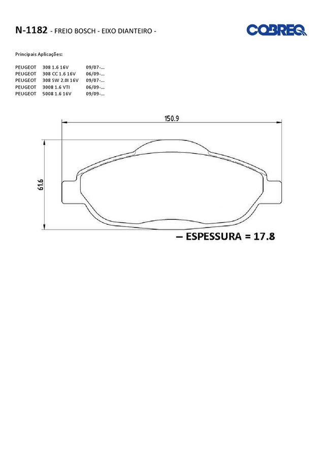 Pastilha de Freio Dianteira - Cobreq - N-1182 - Jogo