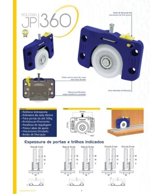 Kit Sist Deslizante JP360 Porta Correr 60kg c/ amort Joelini