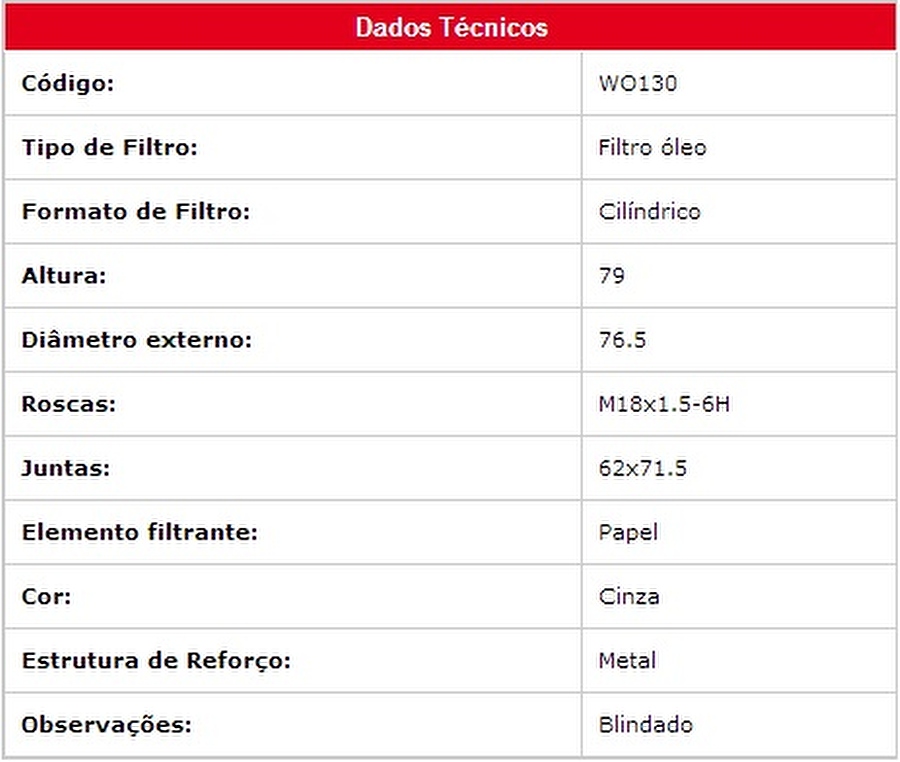 Filtro de Óleo - Wega - WO 130 - Unitário